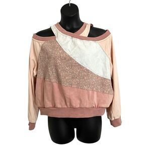 Oli & Hali Top Shirt Womens L Crop Boxy Boho Patchwork Floral Pink Mauve White